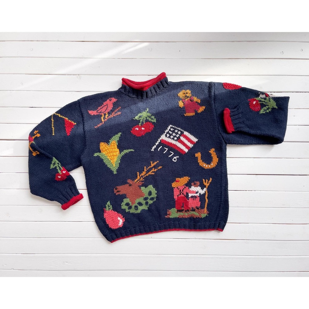 vtg Heirlooms navy blue turtleneck Americana farm country hand knit sweater‎